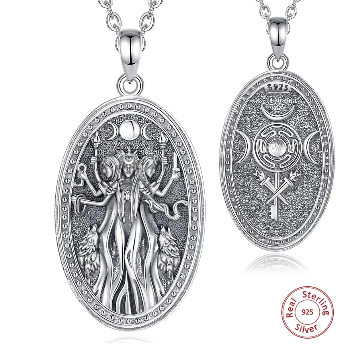Triple Moon Goddess Sterling Silver Necklace