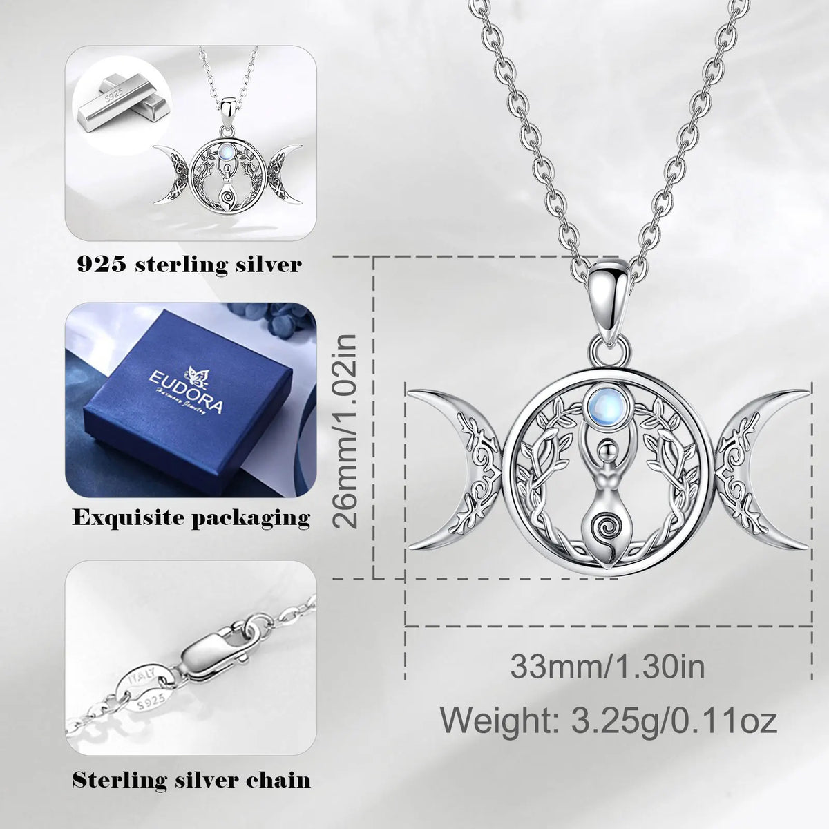Moonstone Triple Moon Goddess Sterling Silver Necklace