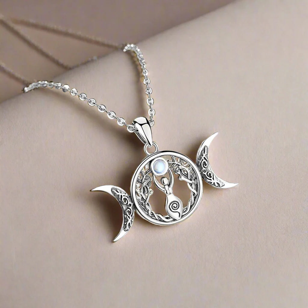 Moonstone Triple Moon Goddess Sterling Silver Necklace